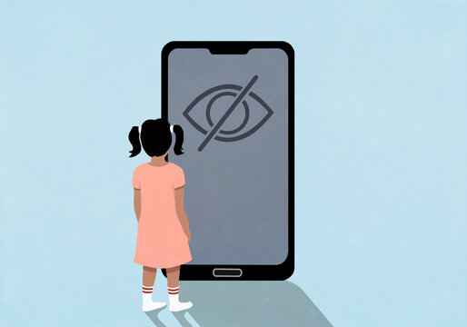 Young girl looking at smart phone screen with privacy control protection
