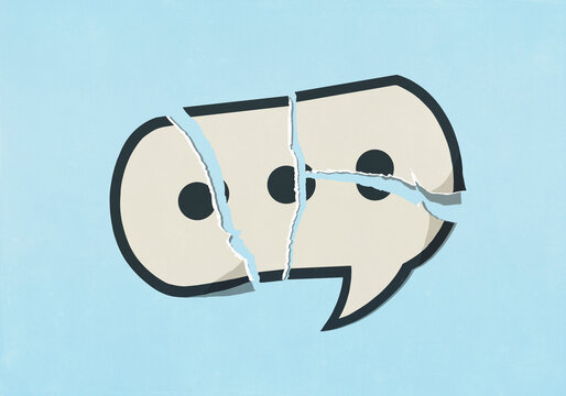 Torn text messaging speech bubble on blue background