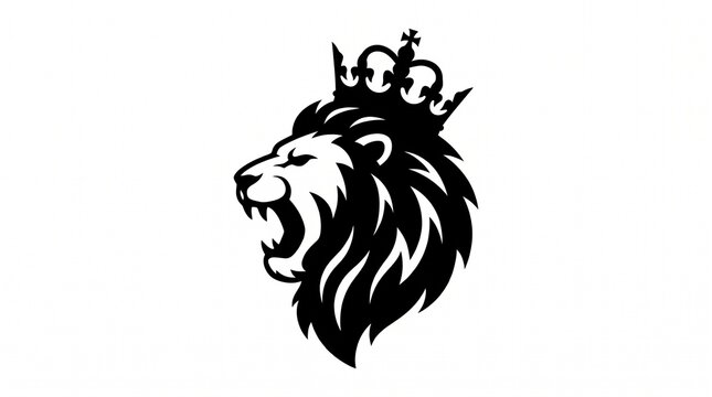 Roaring Lion Head with Crown Silhouette Vector Icon Royal King Emblem