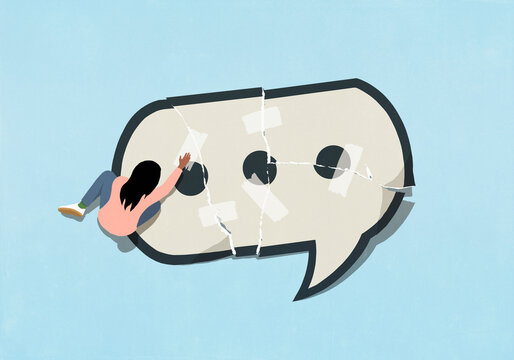Young woman taping ripped text messaging speech bubble on blue background