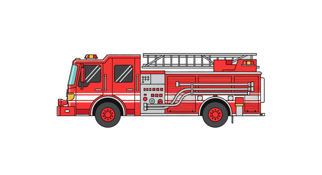 Detailed vector illustration of a red fire truck side view
