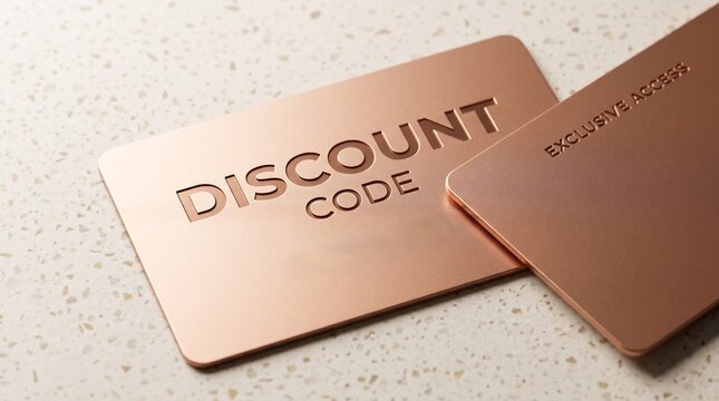 Two elegant bronze metal cards featuring embossed discount code and exclusive access text on a modern speckled surface