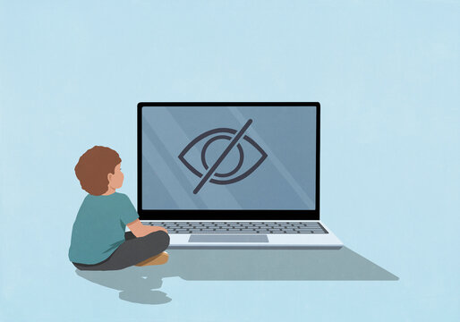 Young boy looking at privacy control symbol on laptop screen against blue background