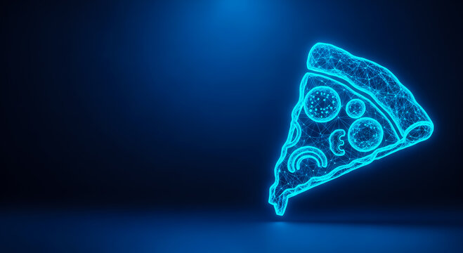 A vibrant neon-lit pizza slice floating against a dark blue backdrop, showcasing a futuristic and modern aesthetic.