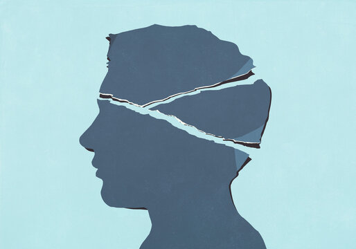 Ripped paper head profile against blue background