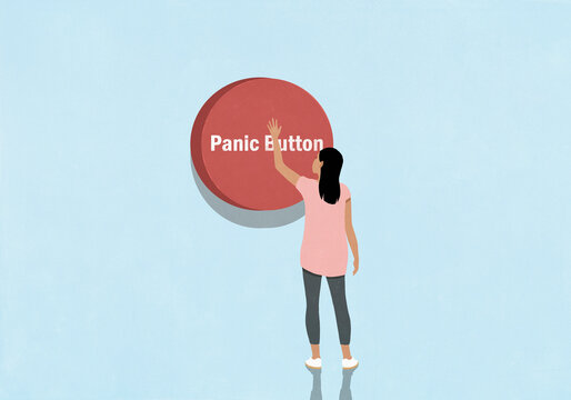 Woman pressing large panic button against blue background