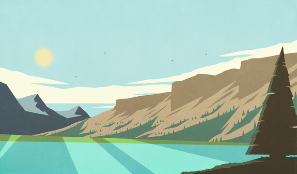Sun shining over beautiful summer mountain lake