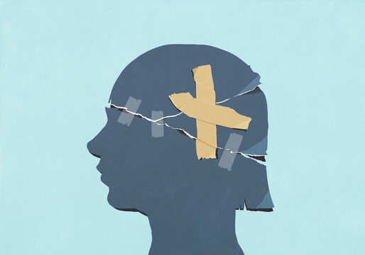 Torn profile of girl's head taped together with adhesive tape on blue background