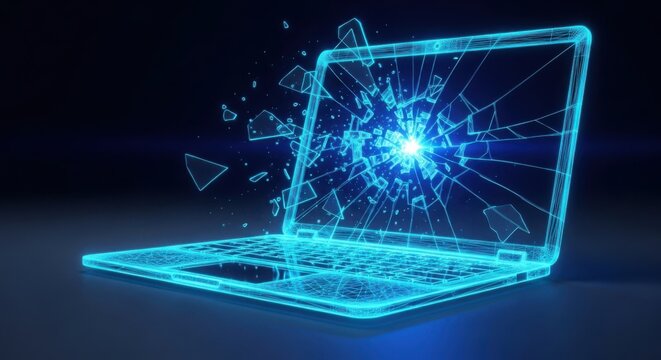 a blue laptop with a broken screen illustration