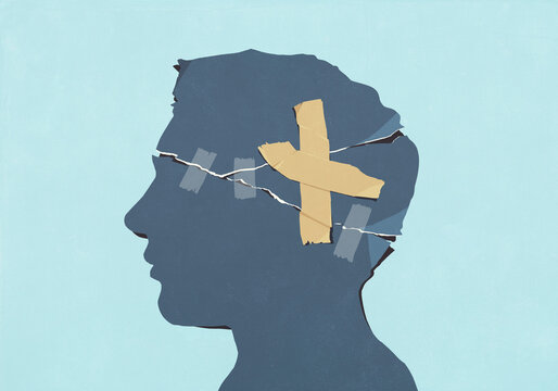 Torn profile of man's head taped together with adhesive tape on blue background