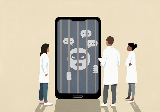 Scientists watching computer hacker emoji behind bars with speech bubbles on smart phone screen