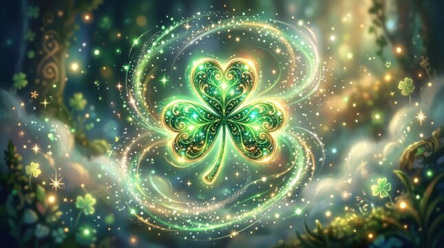 A vibrant, glowing three-leaf clover is prominently displayed against a swirling, magical background.