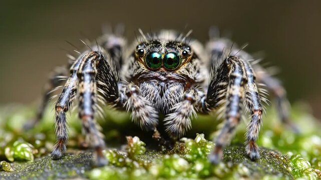 Closeup of a jumping spider with green eyes on mossy surface outdoors
