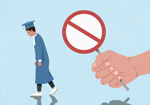Dejected young male university student walking away from large no symbol