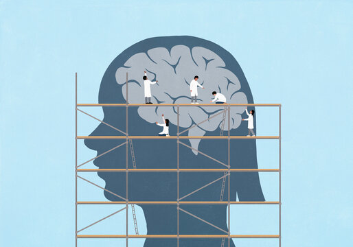 Scientists on scaffolding repairing brain in silhouetted girl's head