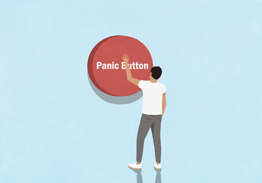 Man pressing large red panic button on blue background