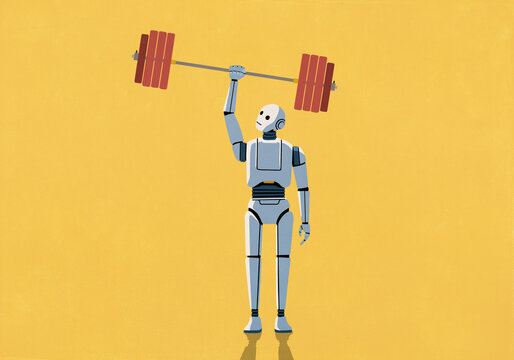 Humanoid AI robot easily lifting heavy barbell overhead against yellow background