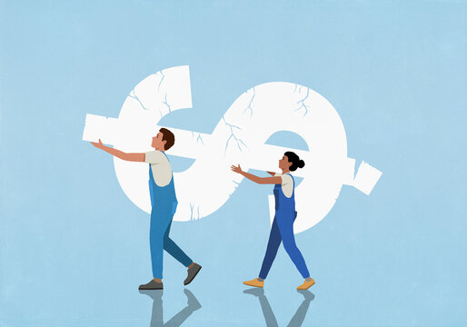 Couple in overalls carrying large, cracked dollar sign against blue background