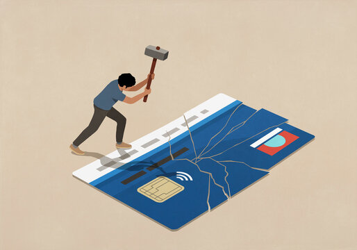 Man with sledgehammer smashing large credit card