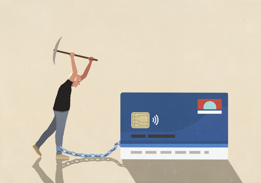 Senior man with axe attempting to break chain attached to her ankle and credit card