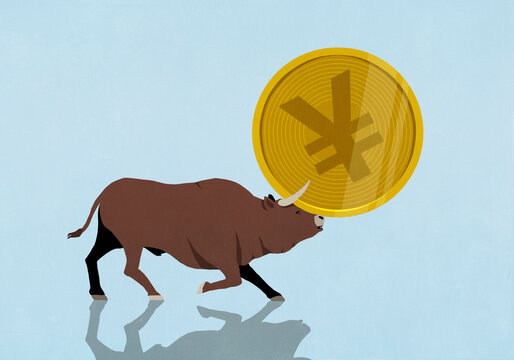 Bull propping gold Yen coin up against blue background