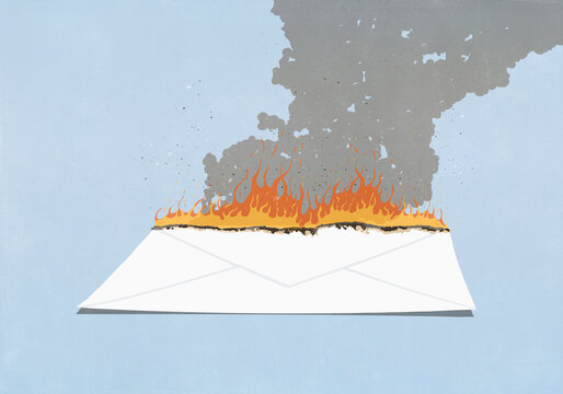 Large white envelope burning on blue background