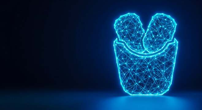 Abstract 3D render of a glowing shopping bag with two objects. Futuristic digital art with geometric design.