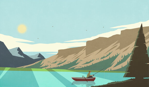 Man fishing from boat on tranquil summer mountain lake