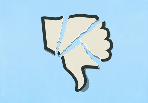 Ripped thumbs down dislike social media icon on blue background