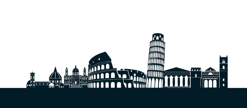 Italy landmarks silhouette skyline with famous historic monuments