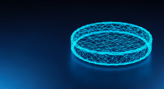 A futuristic glowing cyan ring with a wireframe mesh structure, set against a deep blue gradient background.