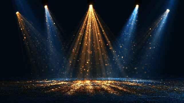 Bright golden and blue stage spotlights illuminating a dark empty floor with glittering dust particles