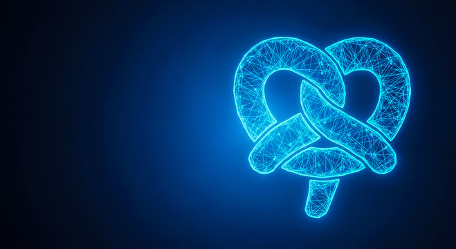 A neon blue pretzel knot with intricate lines and glowing edges, set against a dark, gradient background.