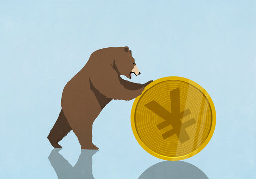 Bear pushing gold Yuan coin against blue background