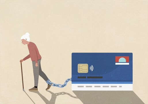 Elderly woman dragging large credit card shackled to her ankle