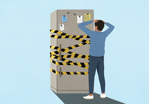 Man with head in hands looking at refrigerator wrapped in barricade tape