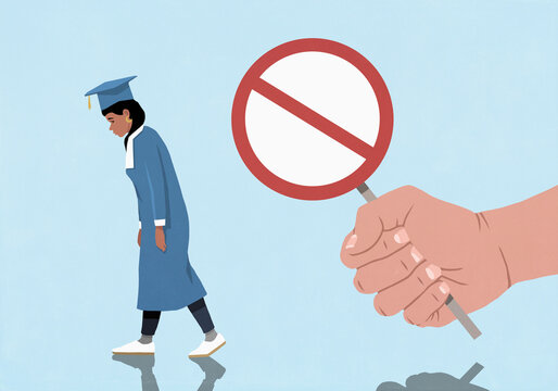 Dejected young female graduate in cap and gown walking away from hand holding no symbol sign