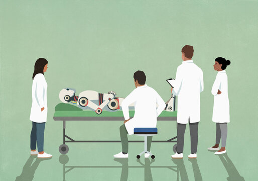 Scientists and doctors examining humanoid robot on examination table