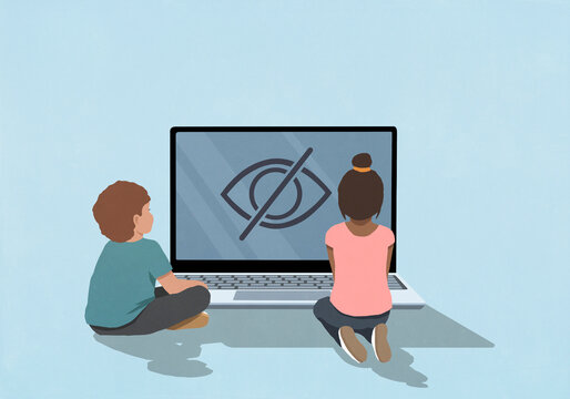 Boy and girl looking at crossed out eye privacy control on laptop screen