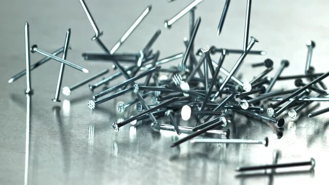 Scattered nails bouncing across steel floor, kinetic motion with crisp Filmed on a high-speed camera at 1000 fps.