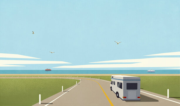 Motor home driving on road along sunny summer sea