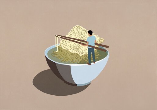 Man with chopsticks eating ramen from oversized bowl