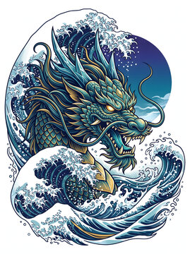 Majestic Japanese dragon rising from crashing ocean waves in a traditional ukiyo-e tattoo art style, detailed mythological sea creature illustration.