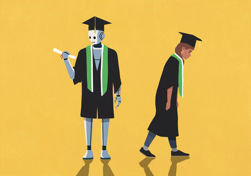 Dejected young female college graduate walking away from robot in cap and gown with diploma