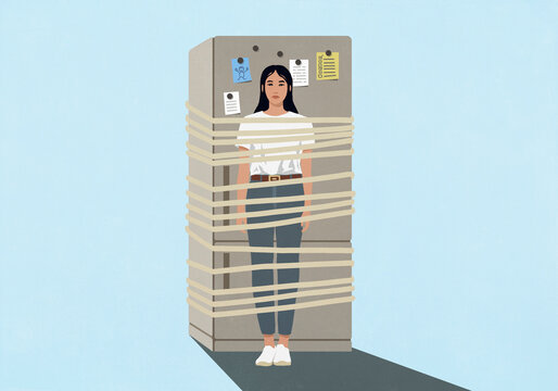 Serious young woman strapped to refrigerator against blue background