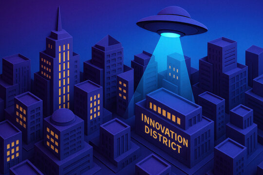 Futuristic art depicting ominous arrival of spacecraft hovering above innovation district smart city hub layered geometric building with glowing window evoking tense mystery