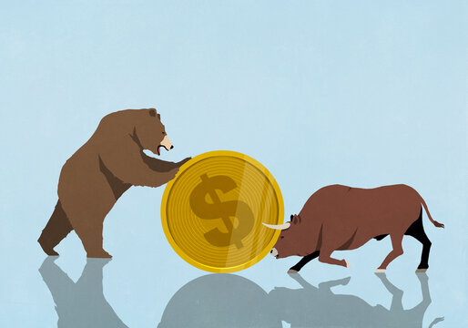 Bear and bull pushing opposite ends of gold coin with dollar sign against blue background