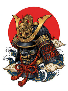 Traditional Japanese samurai kabuto helmet with golden dragon crest and oni mask illustration featuring red sun, ocean waves and decorative clouds.