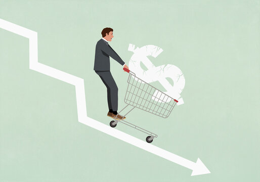 Businessman with dollar sign in shopping cart sliding down arrow