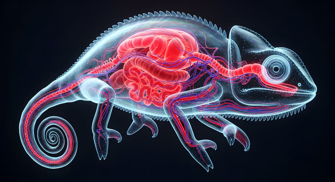 Futuristic holographic chameleon with a glowing transparent body showing red internal organs and circulatory system